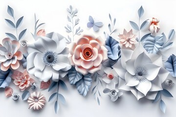 Abstract 3D Cut Paper Floral Pattern Featuring Rose, Daisy, and Dahlia in Pastel Hues