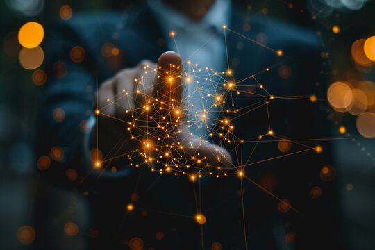 A businessman uses a touch to interact with a neural network abstract technology.