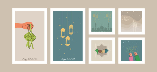 Eid al-Fitr (Hari Raya Aidilfitri) Hand Drawn Illustration Template Collection Set, can be used as a social media post or printed as a greeting card