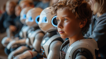 A young child with curly hair sits among a row of humanoid robots, looking to the side with an expression of curiosity and wonder.