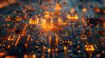 Fototapeta na wymiar Close-up view of a circuit board with glowing orange and red lights representing electrical pathways, signifying advanced technology, data processing or a computer motherboard.