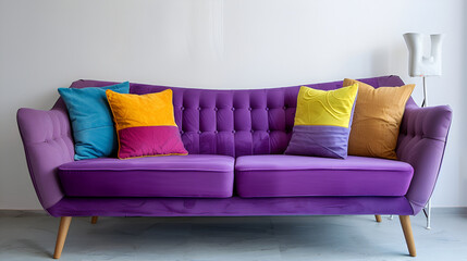 An isolated purple sofa with funny colorful pillows