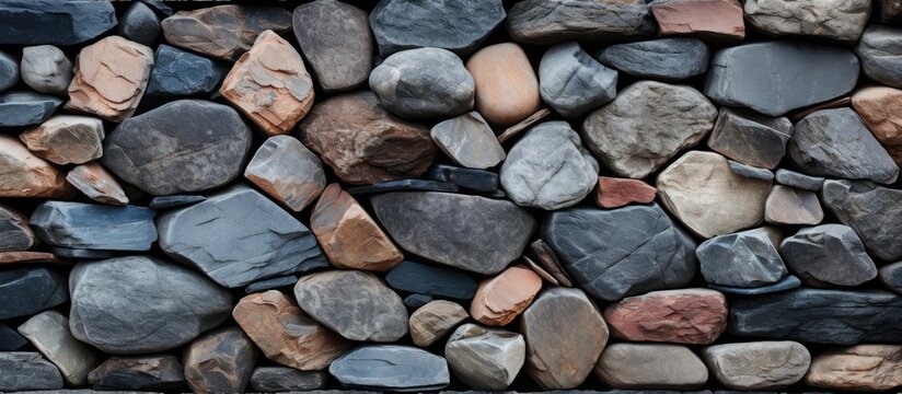 The wall showcases a variety of rocks, including bedrock, cobblestone, and natural materials. It serves as both a functional building material and a picturesque fixture in the landscape