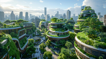 Futuristic cityscape with lush green vertical gardens and eco-friendly buildings, all under a clear blue sky with a few clouds, encapsulating the concept of urban sustainability and harmony - obrazy, fototapety, plakaty