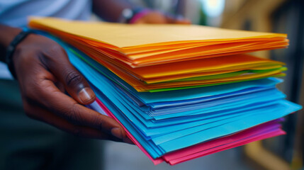 Close-up of a person's hand holding a stack of colorful folders, with a blurred background suggesting an office or academic environment.