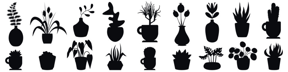 Houseplant silhouettes. Flowerpot garden icons, indoor plants growing in pots, leafy botanical decors for office decoration. - obrazy, fototapety, plakaty