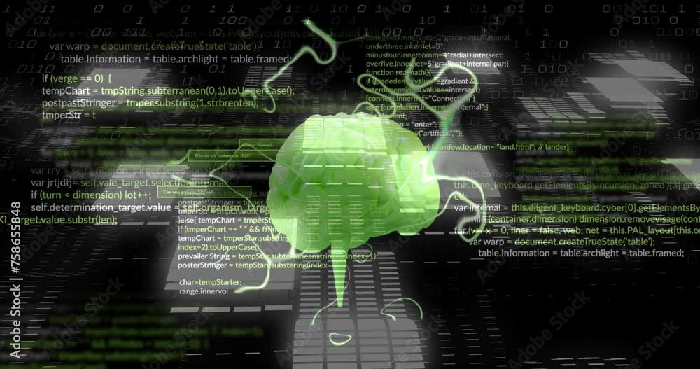 Poster animation of glowing brain and digital data processing over black background