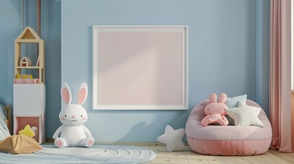 Blank photo frame for mockup in girl child room, 3D rendering