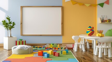 Picture frame on a wall in a multicolored children room decorated with toys on the floor