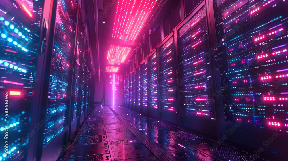 Poster a futuristic data center with glowing neon lights and rows of high-end servers. the corridor is bath