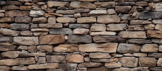 A closeup of a stone wall featuring a mix of brown bricks, cobblestones, and rectangular stones, showcasing the beauty of composite building materials