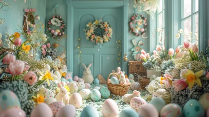 Easter decorations, painted eggs and flowers