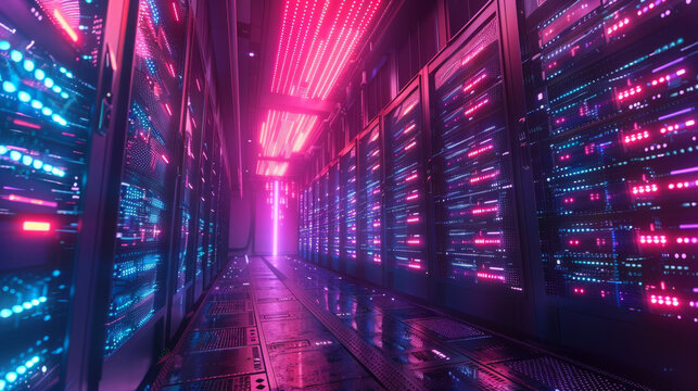 A futuristic data center with glowing neon lights and rows of high-end servers. The corridor is bathed in pink and blue hues, highlighting the advanced technology and cyber security infrastructure.