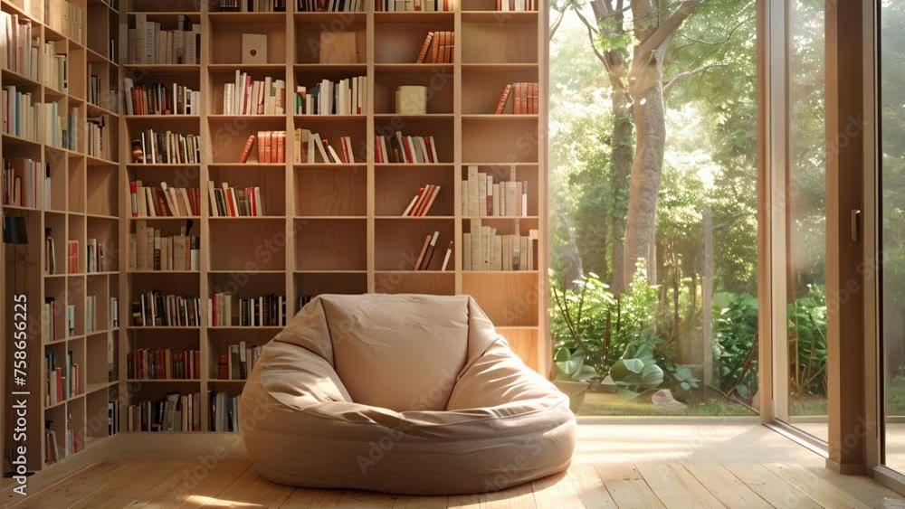 Poster a minimalist reading area with a simply designed bookshelf a comfortable beanbag chair and ambient b