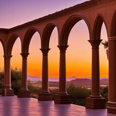 Fototapeta premium Beautiful arches of the colonnade in the old city at sunset.