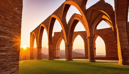 Beautiful arches of the colonnade in the old city at sunset.