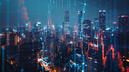 A futuristic cityscape at night with illuminated skyscrapers and digital data lines overlaying the scene, portraying concepts of urbanism, technology, and connectivity in a modern metropolis. - obrazy, fototapety, plakaty