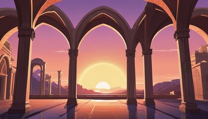 Beautiful arches of the colonnade in the old city at sunset. - obrazy, fototapety, plakaty