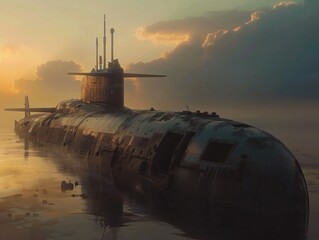 Fototapeta premium Dawn of the Leviathan, As the sun rises, casting a golden glow, a massive submarine emerges from the misty waters, its presence a testament to the might of naval engineering