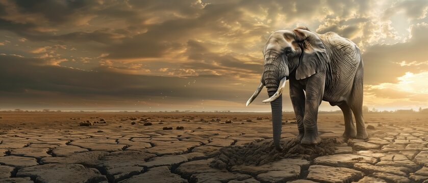 Last Giant Standing, A lone elephant stands on the cracked earth of a drought-stricken landscape, with a dramatic sky overhead, highlighting the poignant struggle of wildlife against climate change