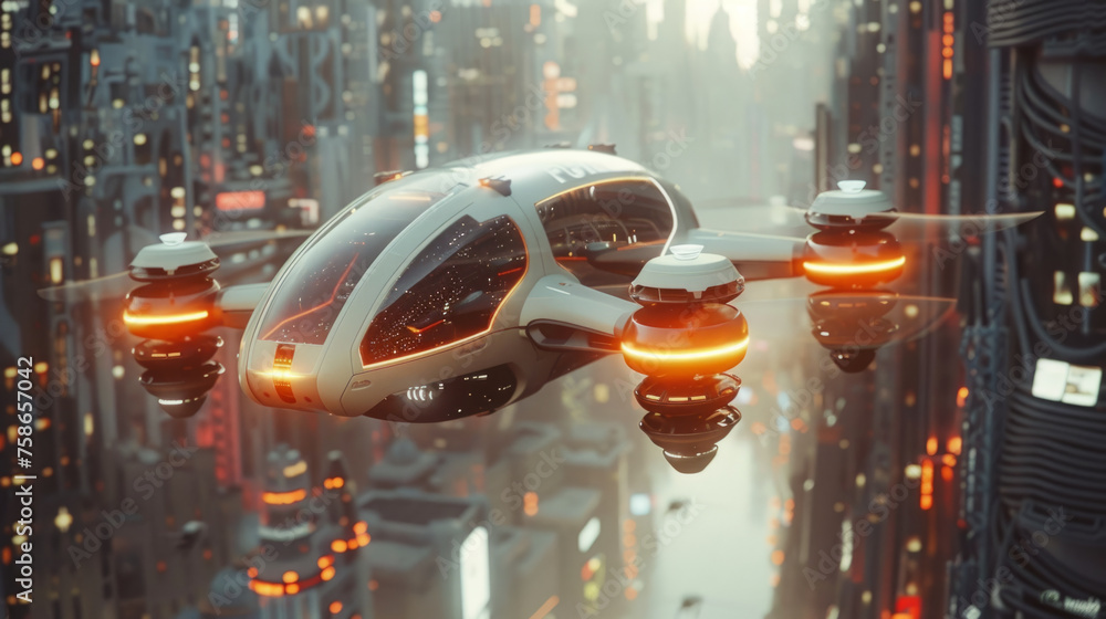 Poster futuristic autonomous flying car navigating through a high-tech cityscape with glowing windows in to