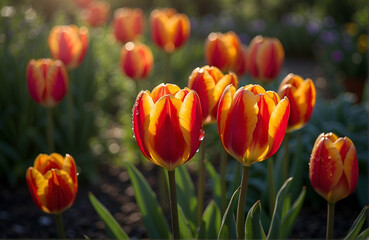 Morning Dew on a Field of Red and Yellow Tulips