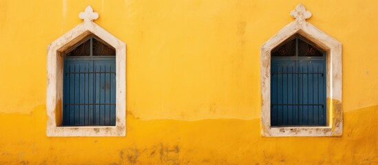 Fototapeta na wymiar Two ancient windows on a yellow wall without anyone.