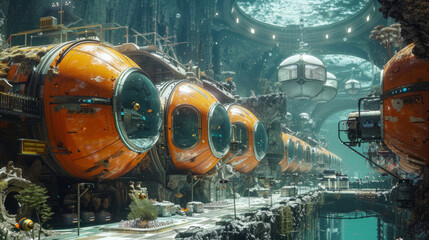 An underwater sci-fi habitat with a series of interconnected orange modules. The environment includes advanced technology, aquatic flora, and diverse marine life - obrazy, fototapety, plakaty