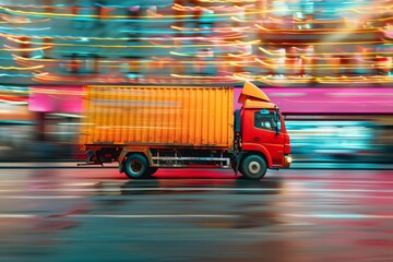 A red cargo truck in swift motion, with a dynamic, colorful, and blurred city background, illustrating speed and delivery efficiency.
