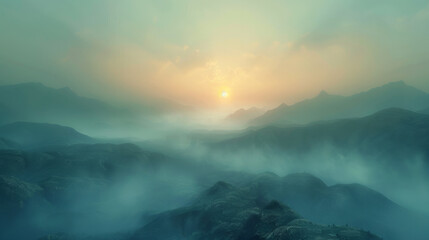 Misty mountain landscape at sunrise with layered hills and a soft, glowing sun piercing through a hazy sky, casting a serene light over the tranquil scene.