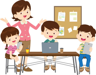 happy teacher and student learning computer