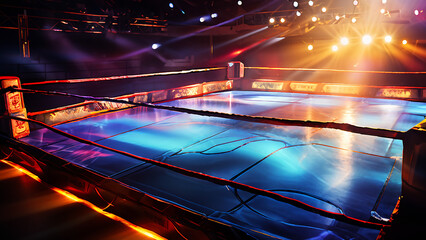 Empty Fighting Boxing Stage inside a wrestling stadium with colorful spotlights overhead ready for crowds and audiences Indoor Sports Entertainment Competition