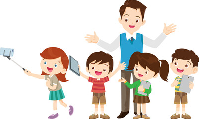 happy teacher and student learning computer