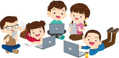 E-Learning concept Students kids Reading and online learning technology with computer laptop smartphone