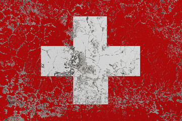 Destructible, crumbling stone wall. Conceptual background in colors flag of Switzerland