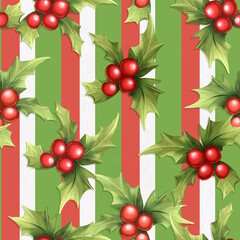 Christmas Holly seamless pattern on striped background - 758658257