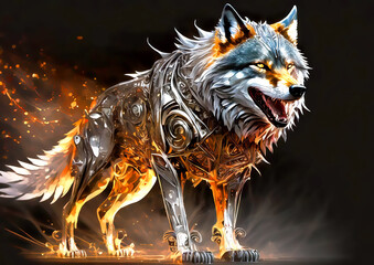 金属の鎧を装着した抽象的なオオカミ