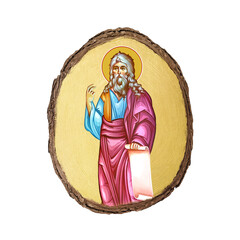 Christian vintage illustration of Jeremiah weeping prophet. Golden religious image in Byzantine style on white background
