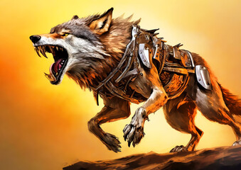 金属の鎧を装着した抽象的なオオカミ