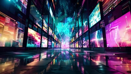 A collection of neon lights and digital billboards in a futuristic setting symbolizing the modernity and technological advancement that comes with a cost to the environment.