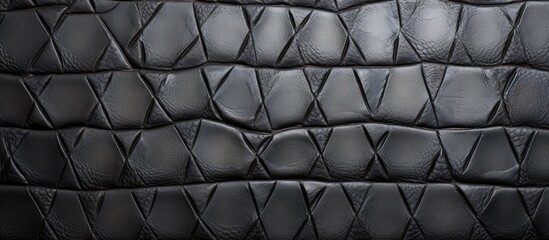 A detailed closeup of a black leather texture with a unique pattern resembling wire fencing or chainlink fencing. The intricate design mimics a vertebrate or mammal skin