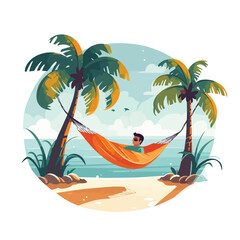 Character relaxes in a hammock strung between palm
