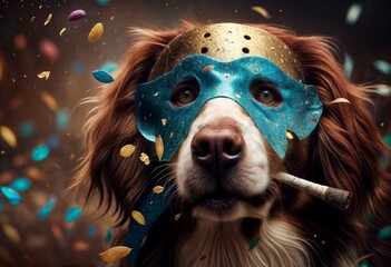 Cute dog with mask and confetti on a dark background. - obrazy, fototapety, plakaty