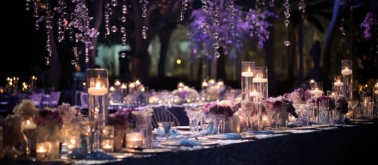 Event table setup for party or wedding gathering. - obrazy, fototapety, plakaty