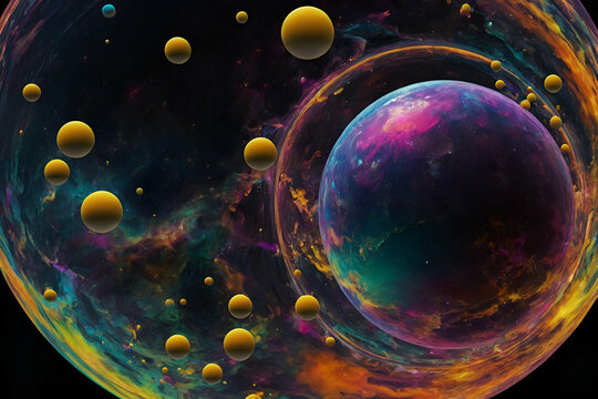 Virtual reality space with abstract multicolor psychedelic planet, Soap bubble like an alien planet on black background