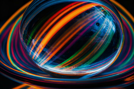 Long exposure photograph of neon multi colour in an abstract swirl, parallel lines pattern against a black background with reflections in a glass orb