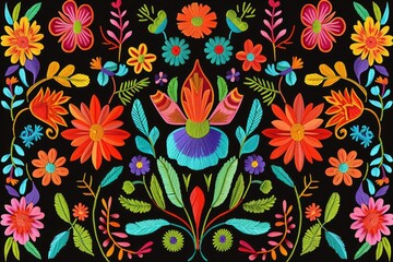 Mexican traditional embroidery pattern on a black background