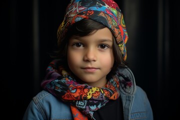 Portrait of a little girl in a bandana on a black background