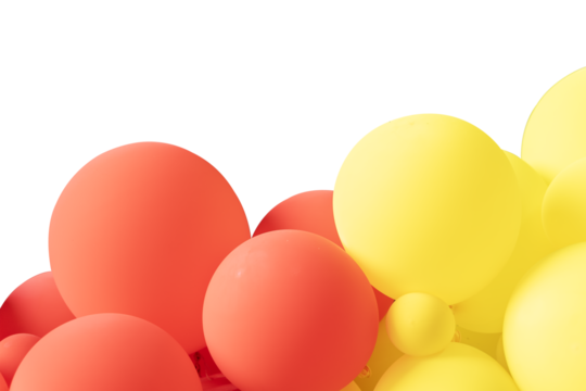 A bunch of red and yellow balloons floating on a white background. The balloons are of different sizes and are tied together in a cluster.