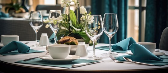 Dining options in upscale hotel with table settings for meals and beverages. - obrazy, fototapety, plakaty